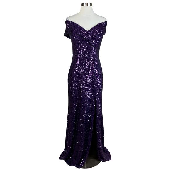 XSCAPE Women's Formal Dress Size 6 Purple Sequined Off the Shoulder Long Gown - Picture 1 of 13
